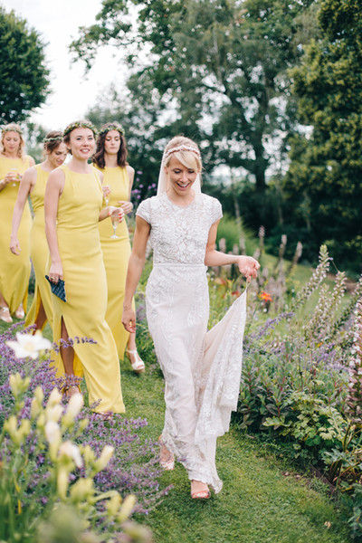 Long Mustard Yellow Bridesmaids Dresses Side Split For Garden Fall Wedding