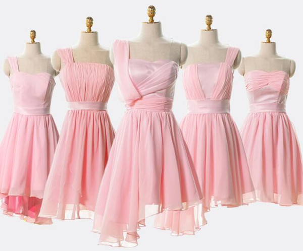 Strapless pink chiffon short Bridesmaid Dress performance Cheap One shoulder Wedding Party Dress blue bride sisters Prom Dresses