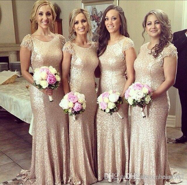 2015 Stunning Bridesmaid Dresses Jewel Neck Short Sleeve With Sequined Lace Floor Length Sheath Party Dress Formal Vestido Prom Gowns