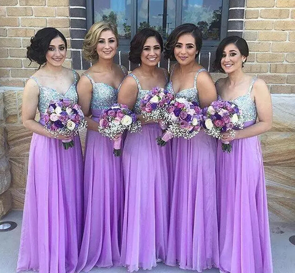 2017 New Purple Long Chiffon Bridesmaid Dresses Spaghetti Straps Sleeveless Floor Length Sequined Top Bridesmaid Gowns