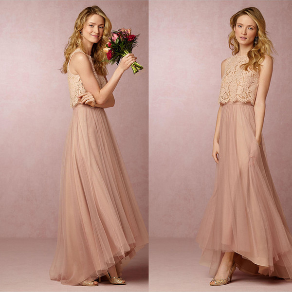 Two Pieces A Line Long Bridesmaid Dresses Jewel Neck Blush Pink Cheap Long Bridesmaids Gowns Floor Length Girl's Dress