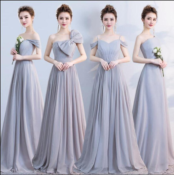 2018 Country Cheap Grey Bridesmaid Dresses for Wedding Long Chiffon A-Line Formal Dresses Party Modest Maid Of Honor Dress