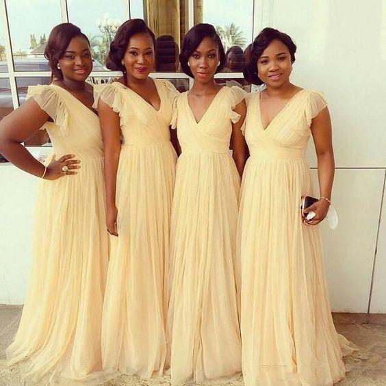 2017 Newest African Plus Size Bohemian Beach Bridesmaid Dresses Deep V-Neck Cap Sleeve Backless Chiffon Maid Of Honor Wedding Guest Dresses