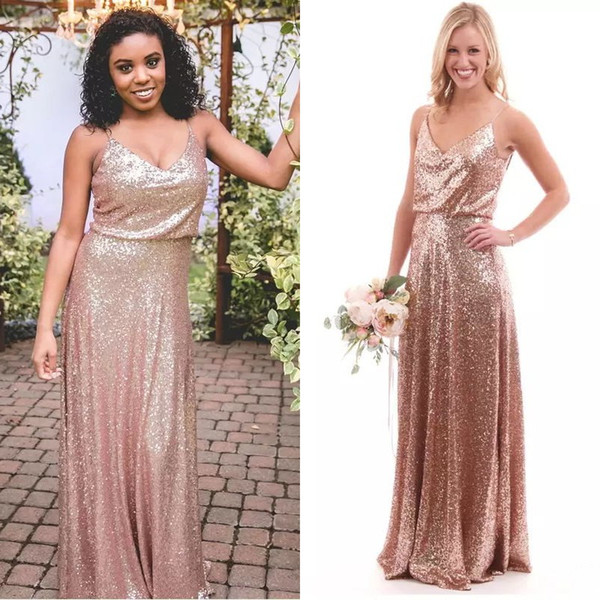 Spring Rose Gold Sequined Bridesmaid Dresses Long Strapless A Line Country Wedding Guest Dress Custom Made