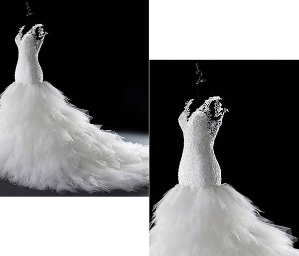 Custom Made Beautiful Rumpet / Mermaid Wedding Dress Court Train V-neck Lace / Tulle with Beading / Lace for wedding
