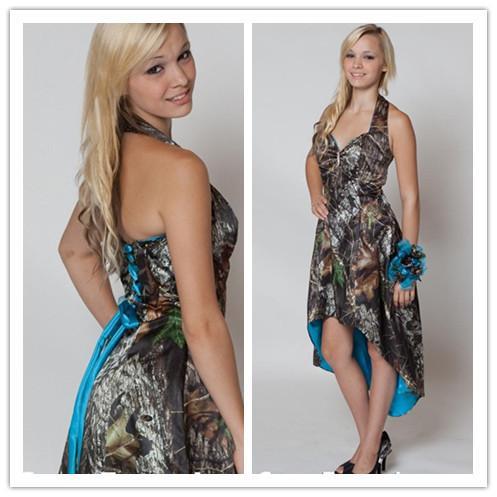 In Stock Mossy Oak Camo Bridesmaid Dresses Custom Made Strapless Hi-lo Short Camo Wedding Party Dress Camo And Blue