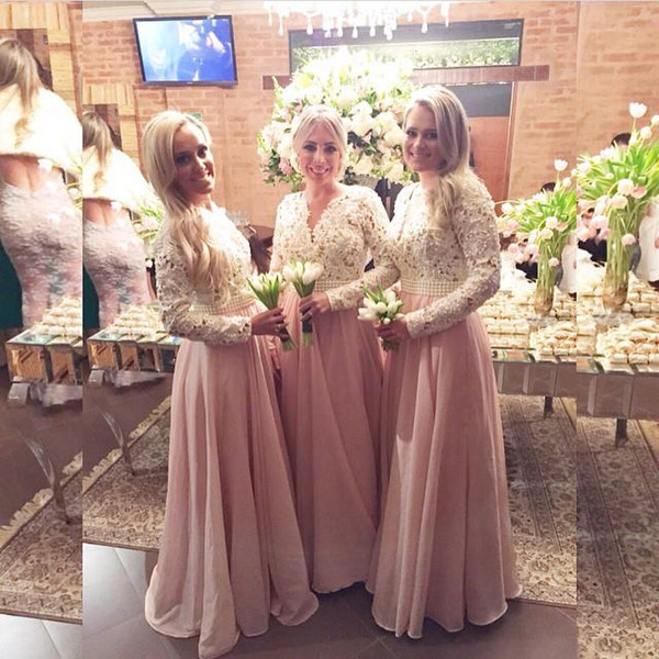 2017 Cheap Chiffon Long Sleeves Bridesmaid Dresses Blush Pink A Line V Neck Lace Appliques with Pearls Sweep Train Maid of Honor Dresses