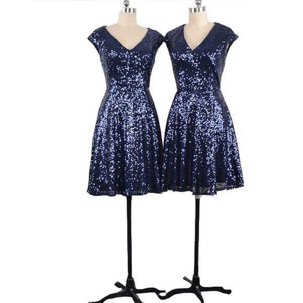 NEW ARRIVAL V Neck V Back Sequined Cap Sleeves Dark Blue Short Bridesmaid Dresses for Wedding Party Under 100