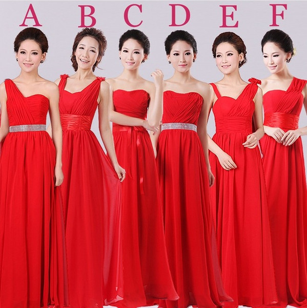 2017 Hot Red Color Strapless Long Floor Length A-line Chiffon Bridesmaid Dresses With 6 Styles Free shipping