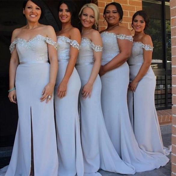 2017 New Cheap Plus Size Lace Mermaid Bridesmaid Dresses Off-Shoulder Backless Front Split Sweep Train Maid Of Honor Wedding Guest Dresses