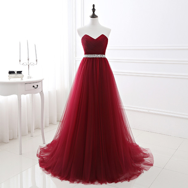 Simple Women Wine Red Evening Dress Formal Tulle Dresses Sweetheart Neckline Sequin Beaded Prom Graduation Party Dress Party Dress