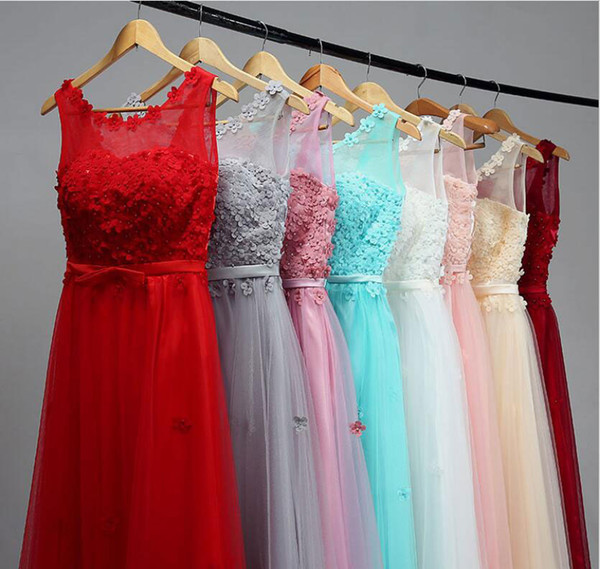 NEW ARRIVAL Sheer Neck Floor Length Sleeveless Bridesmaid Dresses for Wedding Party with Handmade Flowers Pearls