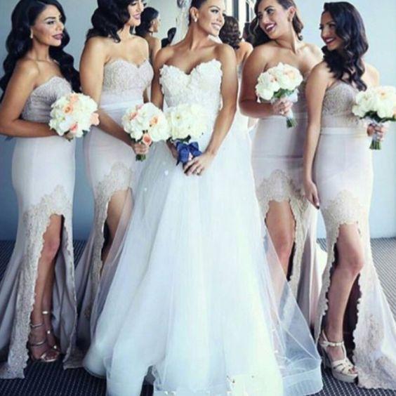 Hot Sale Mermaid Lace Bridesmaid Dresses Sweetheart Backless Side Split Maid Of Honor Dresses With Appliques Sweep Train Sexy Prom Dresses