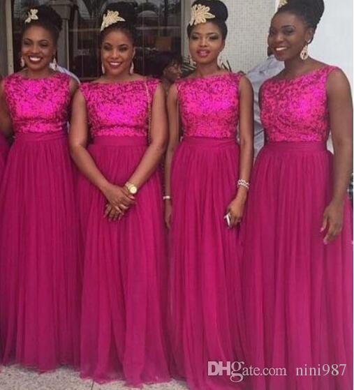 Beautiful Fuchsia Tulle Sweep Bridesmaids Dresses Sequined Top 2017 African Style Formal Custom Online Cheap Sale Bridesmaids Gowns