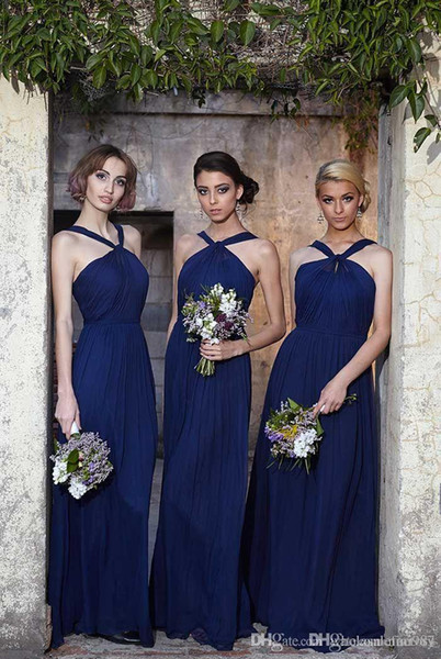 Navy Blue Bridesmaid Dresses 2017 Halter Garden Country Western Wedding Guest Dresses Long Chiffon Off the Shoulder Bridesmaid Gowns 2017