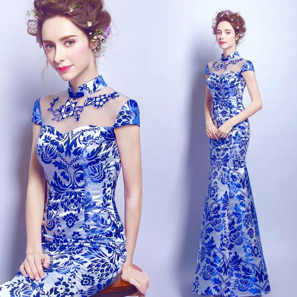 Blue bride sexy slim toast served dinner meeting performance show mermaid fishtail cheongsam cocktail Quinceanera dress