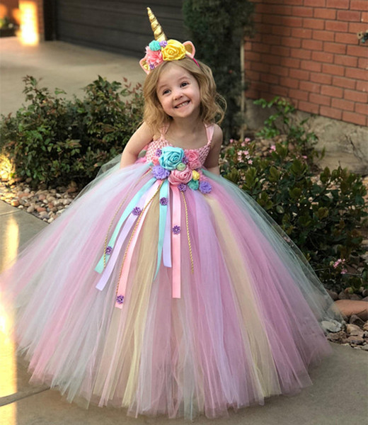 Flower Girls Unicorn Tutu Dress Pastel Rainbow Princess Girls Birthday Party Dress Children Kids Halloween Unicorn Costume 1-14Y