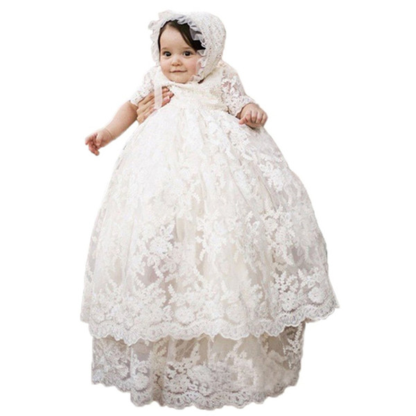 Baby Girls Newborn Christening Gown Long full lace baby Baptism Clothes Dress Baby Girls birthday with Bonnet
