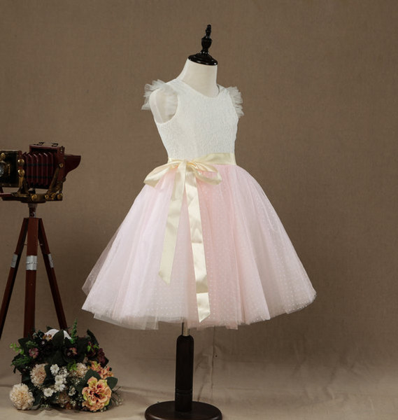 2017 beautiful Lovely A-line Knee-length Flower Girl Dress Lace Tulle Sleeveless Scoop with Belt Junior Dress