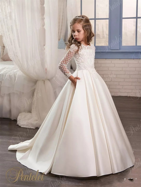 In Stock Ivory Flower Girls Dresses 2017 with Long Sleeves and Pocket Ivory Satin Ball Gown Kids Wedding Dress with Covered Buttons Cheap