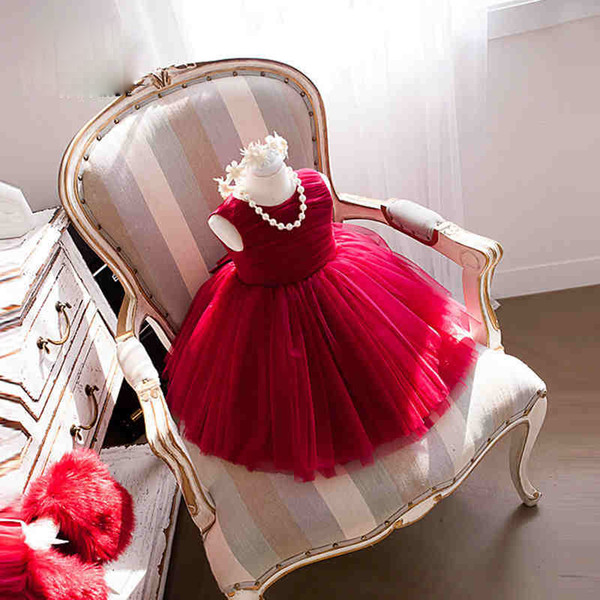 In Stock Flower Girl Dresses jewel ball gown ankle length back zipper sleeveless picture color red