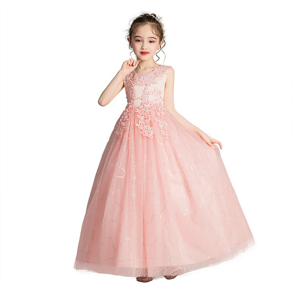 Sweet pink white blue in spring and summer, polyester fiber, cotton lining, vest collar design, back zipper style children's elegant dress