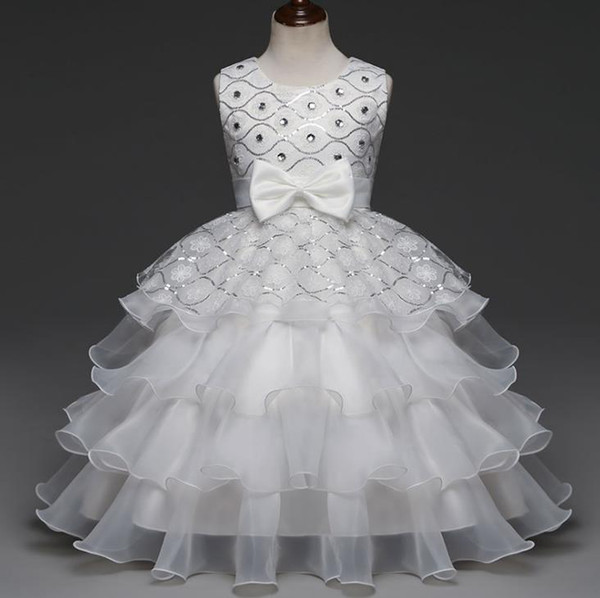 ball gownFlower Girl dresses Sequin Diamond Dress Bow Tie Party Wedding Pageant Princess Birthday Layer Dresses Children Clothes 12 Years