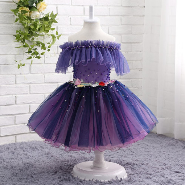 Lovely Organza A-Line Long Top Beaded Off Shoulder Princess Flower Girls Dresses Zipper Tulle Children Wedding Dresses Girls Pageant Dresses