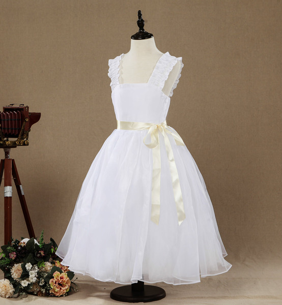 New Arrived A-line Taffeta and Tulle Tea-length Flower Girl Dress Straps Sleeveless Square Neckline with Sash