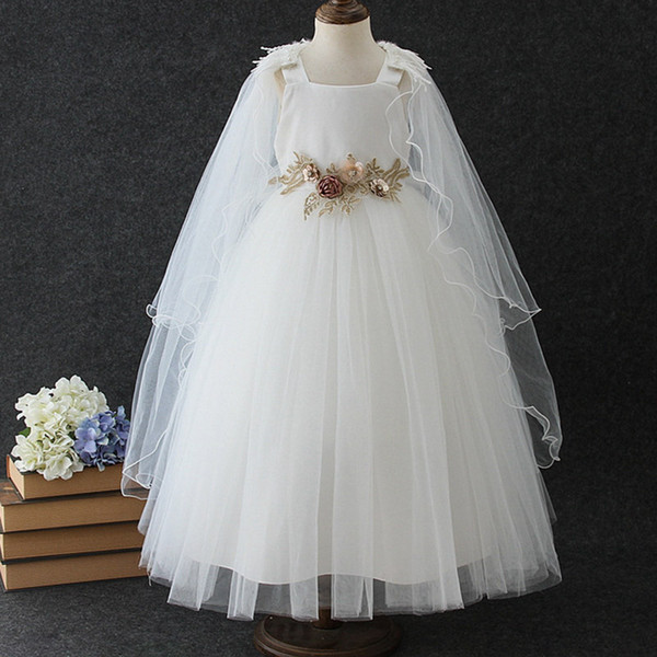 Shawl Yarn Girls Dress Flower Girl Wedding Show Party Dresses Princess Prom Girl Holy Frist Communion Gown 3-14 Year Child Clothes
