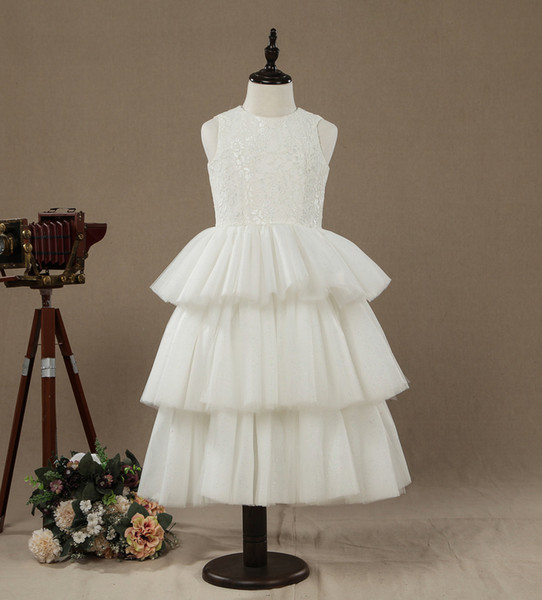 Lovely Hot Sale A-line Tea-length Tiers Flower Girl Dress Lace Top Tulle Sleeveless Jewel Girl's Dress