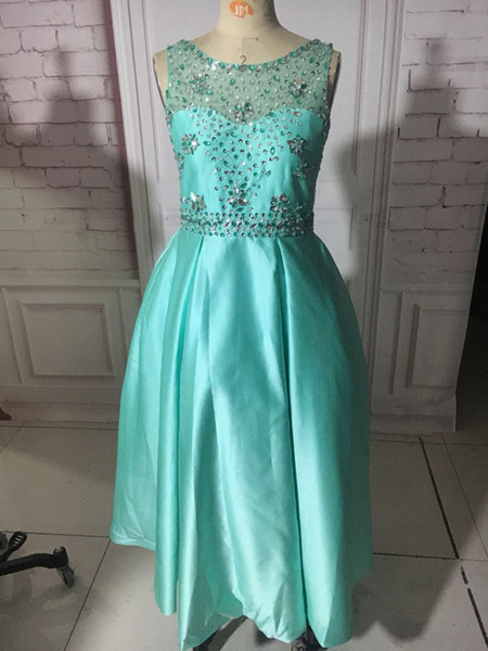 Real photos Lovely A-Line Long Top Beaded Long Flower Girls Dresses Lace Up Taffeta Children Wedding Dresses Girls Sleeveless Pageant Dress