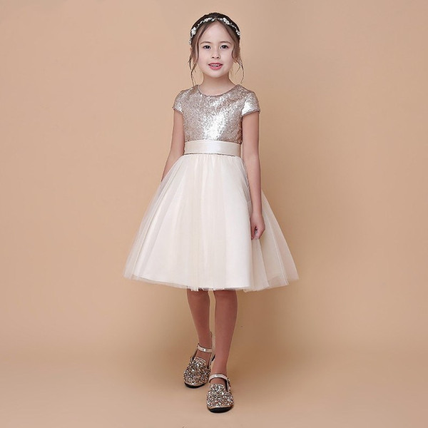 Real Sample High Quality Flower Girls Dresses Sparkly Gold Sequins Kids Knee Length Formal Wedding Party Gowns Sleeveless Open Back Bow Sash