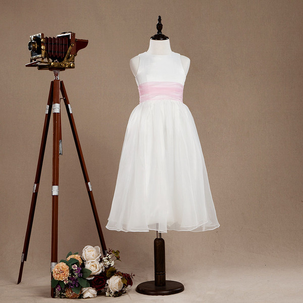 New Arrived 2017 White Flower Girl Dress Tulle Junior Dress A-line Flower Straps Dress with Pink Belt