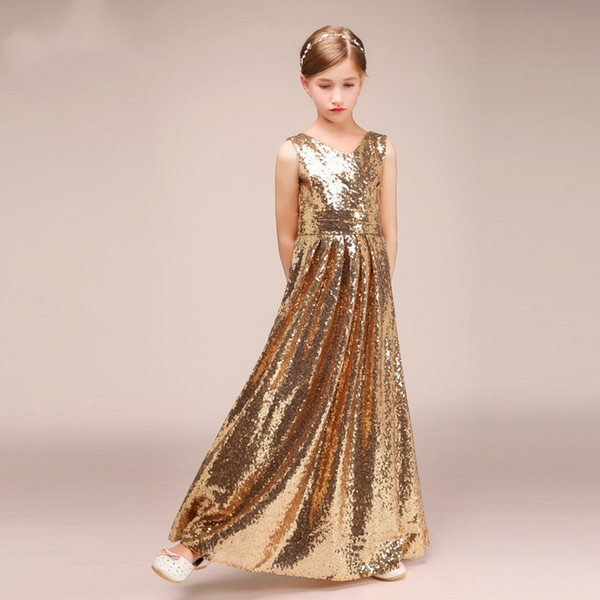 Gold Sequined Little Girls Pageant Desses Jewel Neck Custom Made Sparkling Kids Formal Wear Wedding Flower Girl Dresses