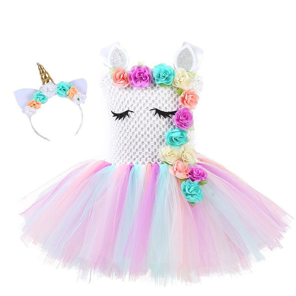flowerS UnicornTutu Dress For Princess Girls Birthday Party Dress Up Children Lace Tulle Flower Girl Dress Kids Halloween Cosplay Costume