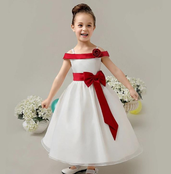 Girl party birthday dress Luxury off shoulder white Ball Gown Strapless Red Long Flower Girl Dresses First Communion Dresses For kids