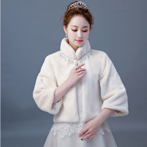 New Arrival High Neck Bridal Wraps Beading Three Quarter Sleeves Faux Fur Shawl Jacket For Wedding Party Women Outwear Bolero Jackets