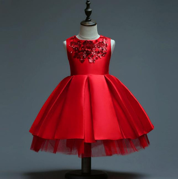 Flower Girl Dresses 3-12T Brand Satin Red Sequin Princess Tutu Party Wedding Dresses for Girls Christmas Style Sweet Kids Dress