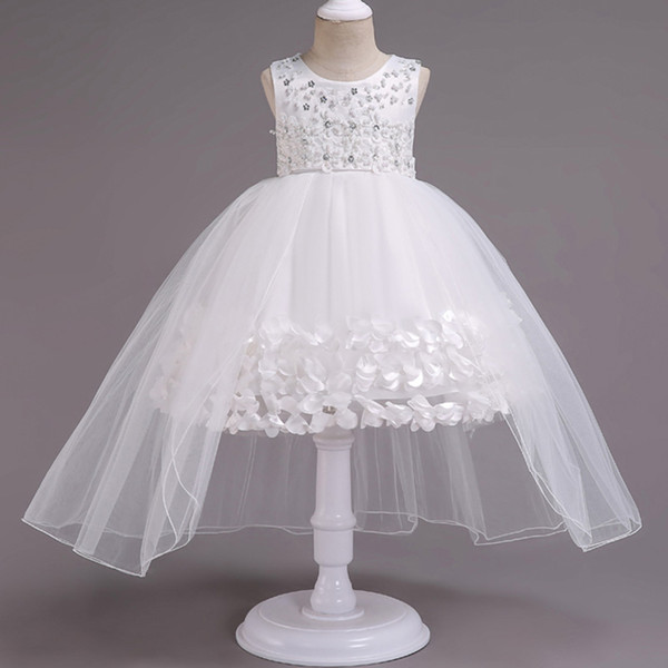 High Low Girls Pageant Gowns Lace Applique Sleeveless Flower Girl Dresses For Wedding Purple Tulle Puffy Kids Communion Dress