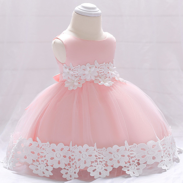 Baby Infant Flower Girl Dresses Toddler Birthday Party Dresses Blush Pink Rose Gold Sequins Bow Lace Crew Neck Tea Length Tutu Wedding 2018