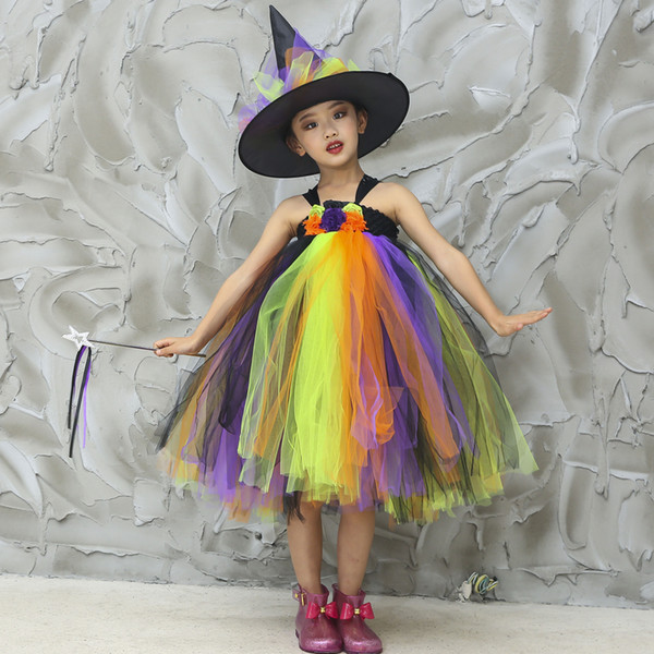 Witch Tutu Dress Rainbow Kids Girls Halloween Witch Costume Fancy Dress Children Festival Carnival Party Dress Girls Clothes