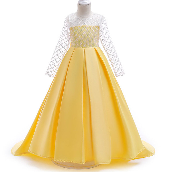 Gold Flower Girl Dresses for Weddings Long Lace Sleeve Girls Pageant Dresses First Communion Dress Little Girls Ball Gowns Hot Sale 2018