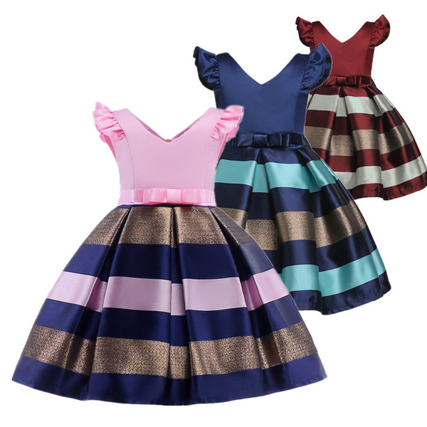 Retail New Flower Girls Dresses with Hoop Inside Flower striped Party Wedding Bridesmaid Princess Dresses Formal Children Clothes