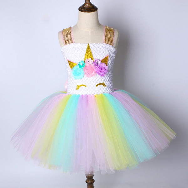 Children Girls Unicorn Tutu Dress Rainbow Princess Kids Birthday Party Dress Girls Christmas Halloween Pony Cosplay Costume 1-14
