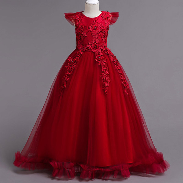 ball gown flower Girls princess party dress girl short sleeve Long party flower ball dress prom evening wedding gown baby children clothing