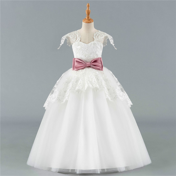 Ivory Flower Girl Dresses For Weddings Ball Gown Cap Sleeves Tulle Bow Lace First Communion Dresses For Little Girls