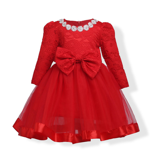 Baby Girl Dress flower girl dresses Red Princess Lace Dress Long Sleeve O-neck Floral A-line Bow Cotton Red Kids Evening Party Dresses