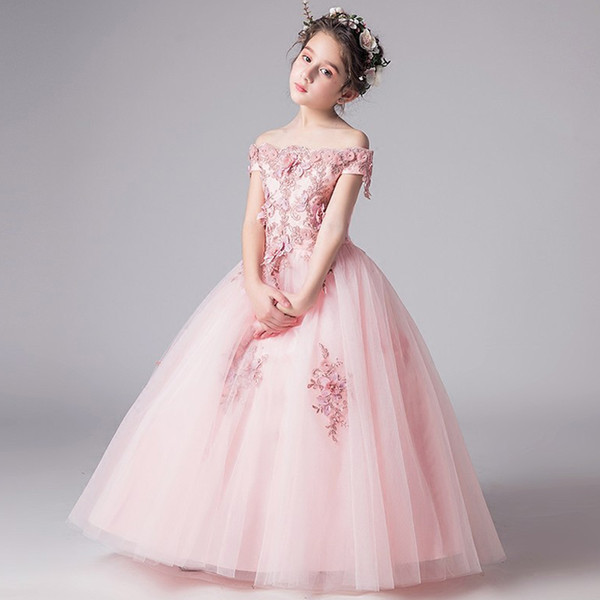 Romantic Flower Girl Wedding Bridesmaid Dress 2018 New Bead Decoration Long Lace Dress Flower Girl Party christmas evening Dress