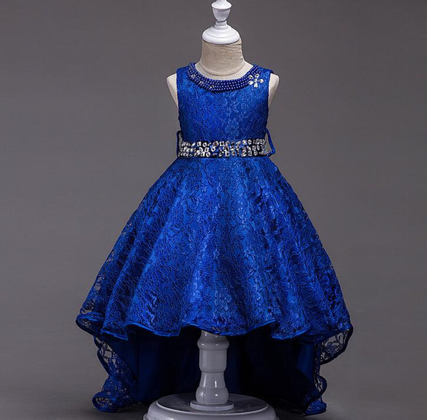 flower girl beading dresses Royal blue Claret red Long tail floor-length scoop o-neck holy communion tutu prom kids communion